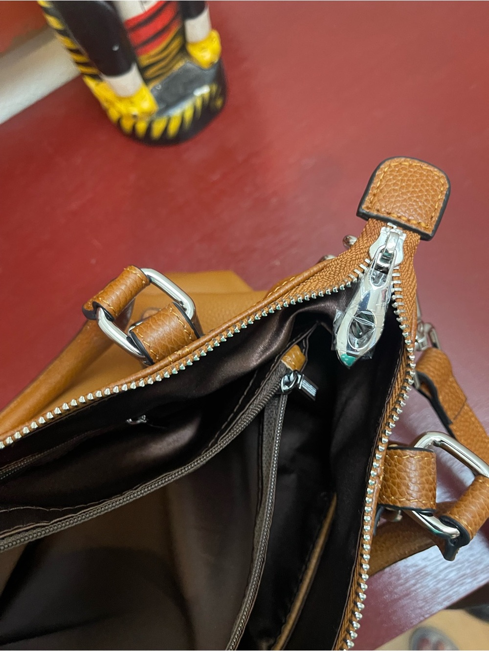 HESHE Cognac Genuine Leather Satchel Shoulder Crossbody Bag - Picture 9 of 11